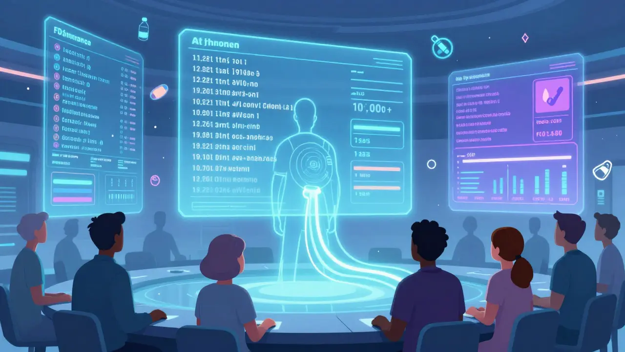 Futuristic FDA control room with holograms analyzing patient reports, glowing light trails representing real people's stories.