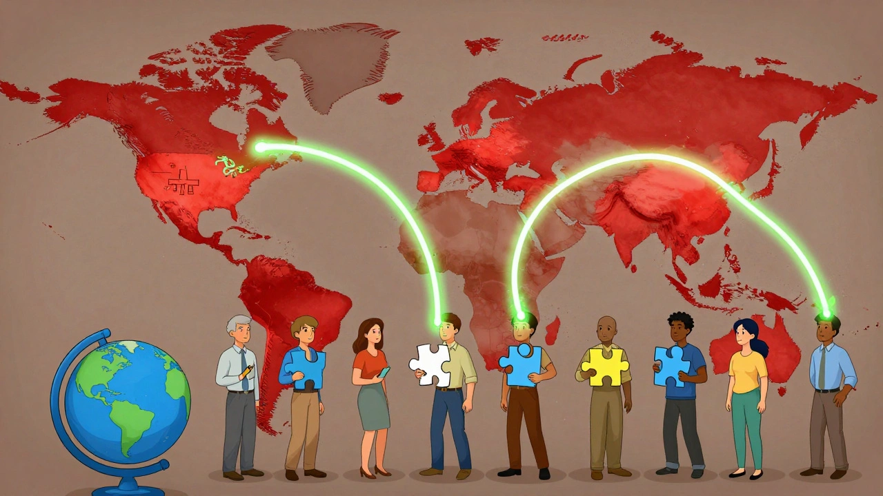 Global map showing unequal CF drug access, with glowing pathways and missing puzzle piece in underserved region.