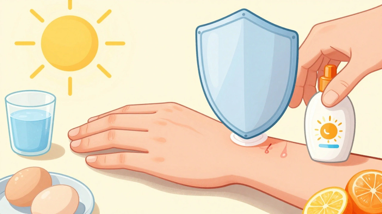 Healed wound with silicone gel applied, protected by sunlight and surrounded by healthy foods.