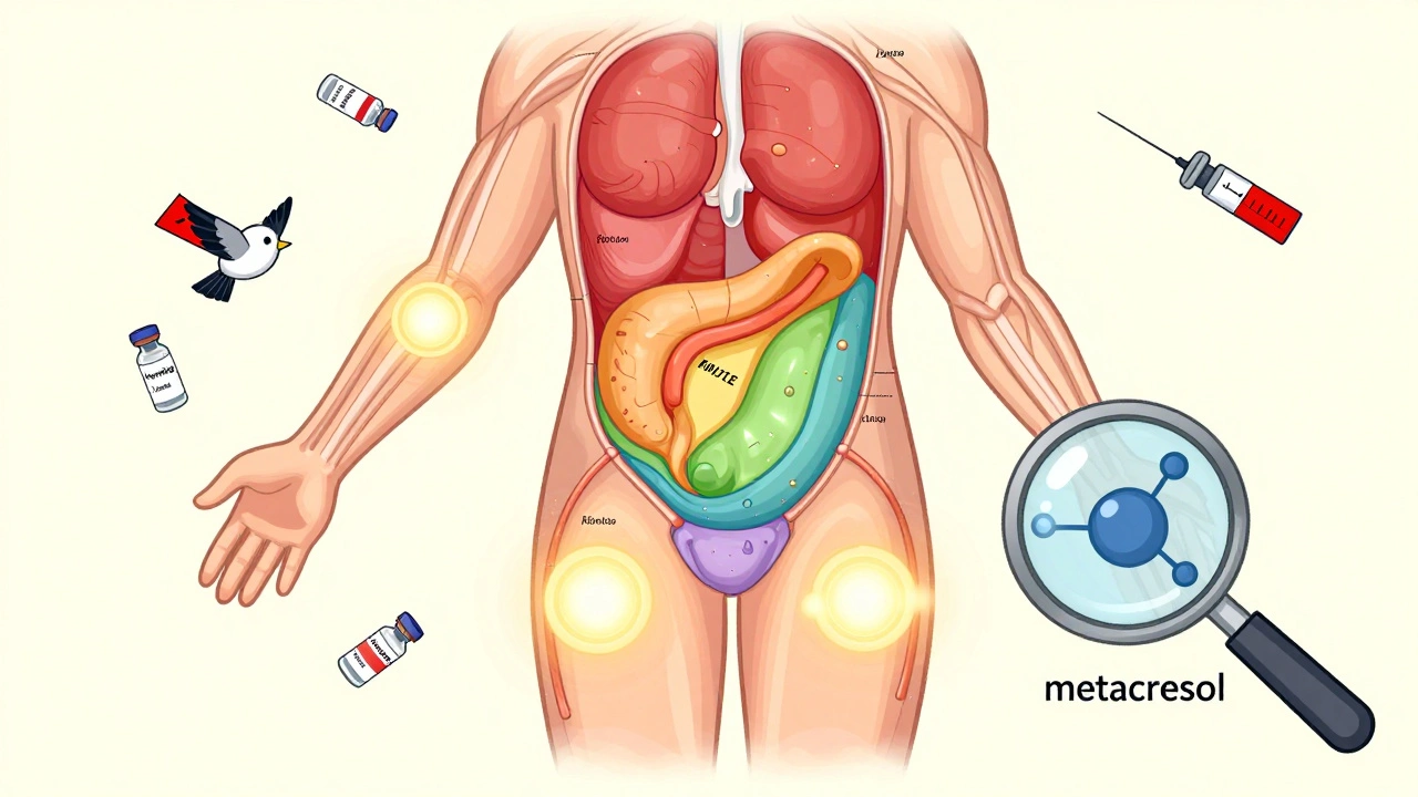 Human body map showing insulin injection site rotation, with labeled insulin brands and a magnifying glass revealing additives.