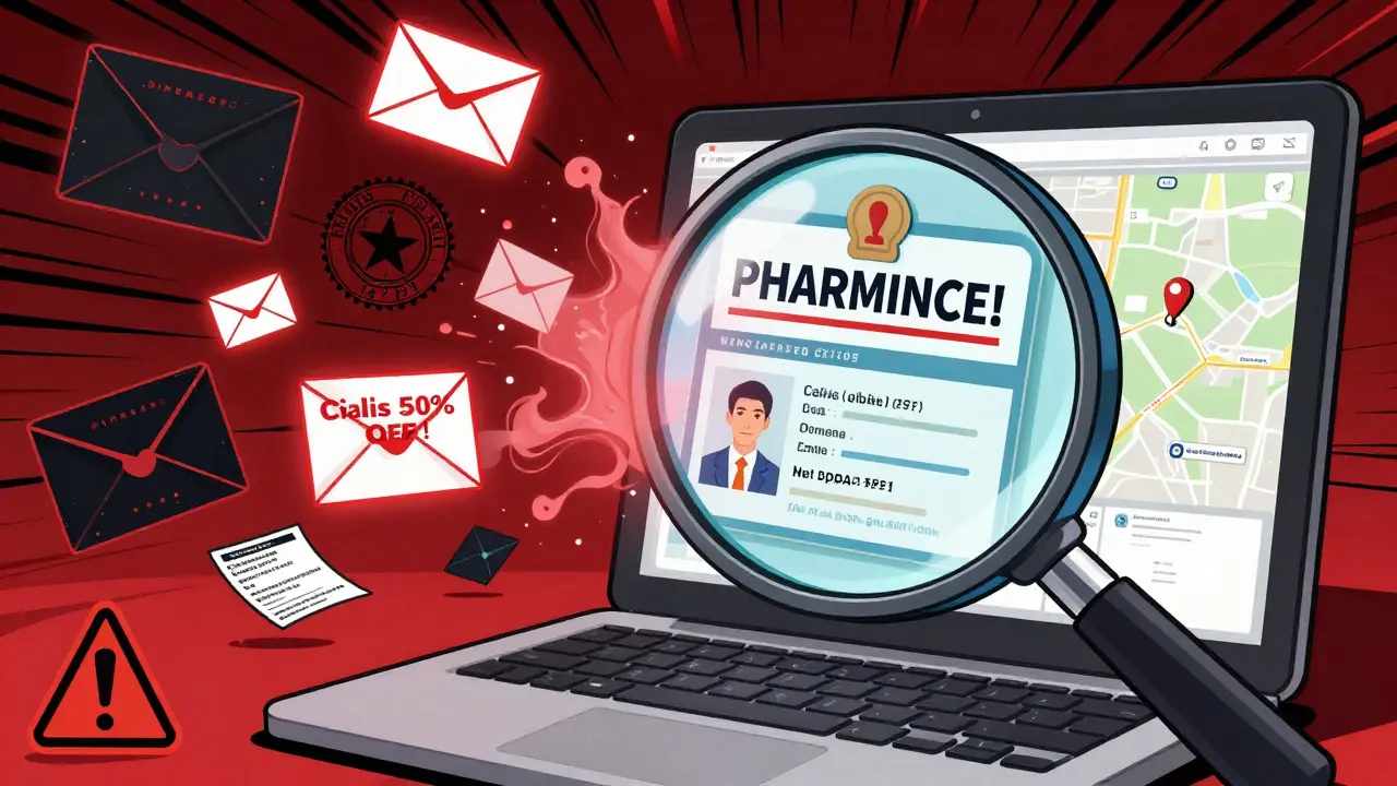Magnifying glass revealing real pharmacy credentials versus swirling fake seals and spam emails in a detailed concept art style.