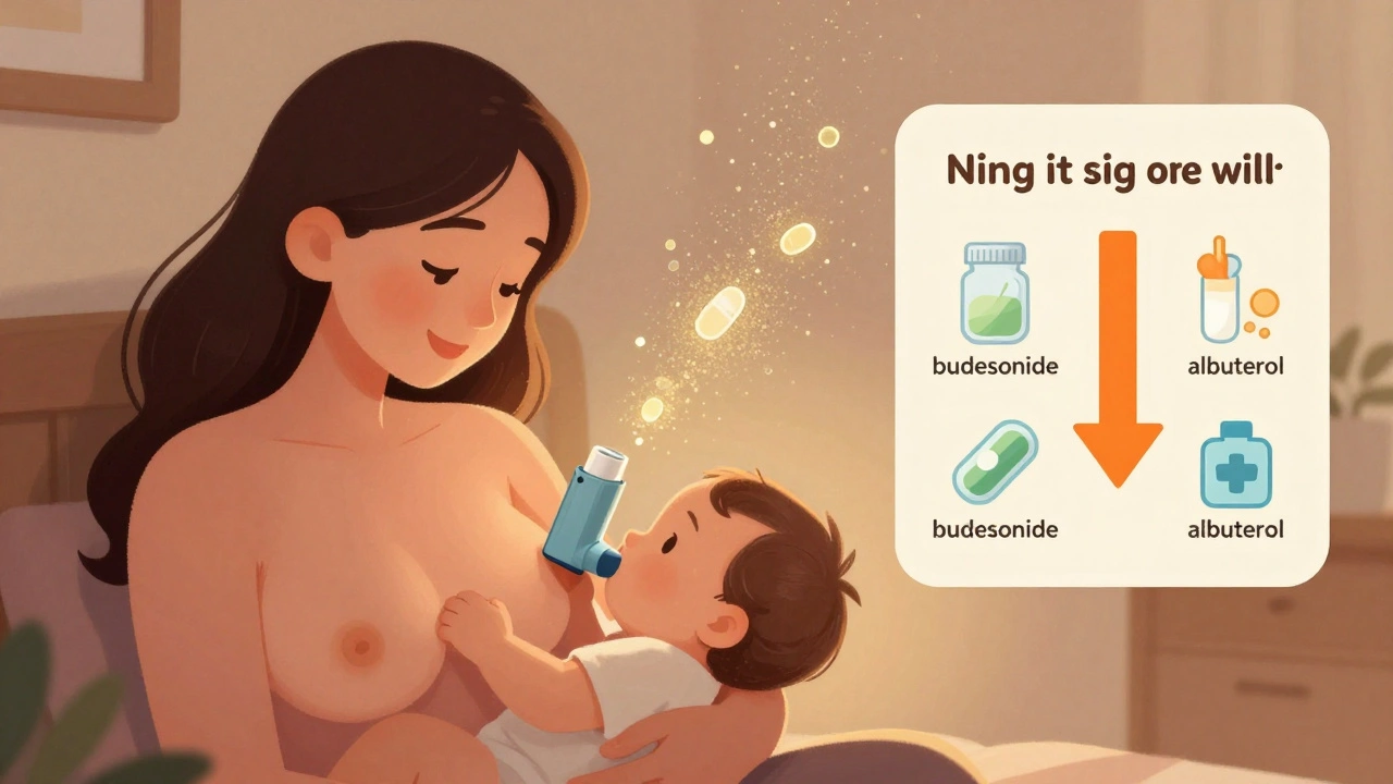 Mother breastfeeding as medication particles dissolve harmlessly, minimal transfer shown in gentle golden dust.