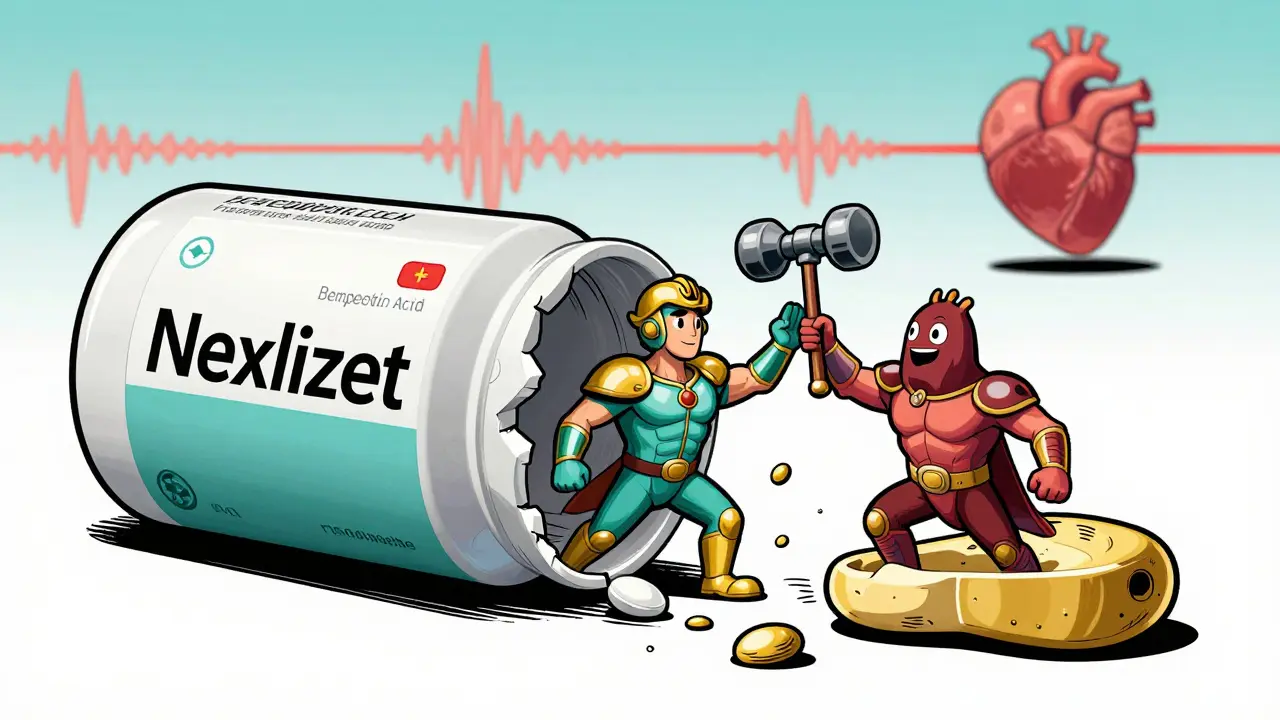 Nexlizet pill splitting open to reveal two heroes defeating LDL monsters