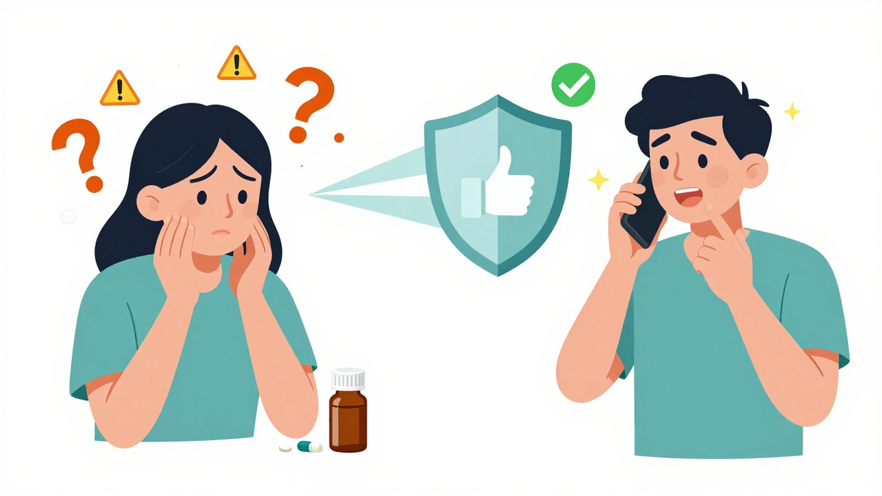 Patient comparing pills, then reporting—positive icons radiate from their action.