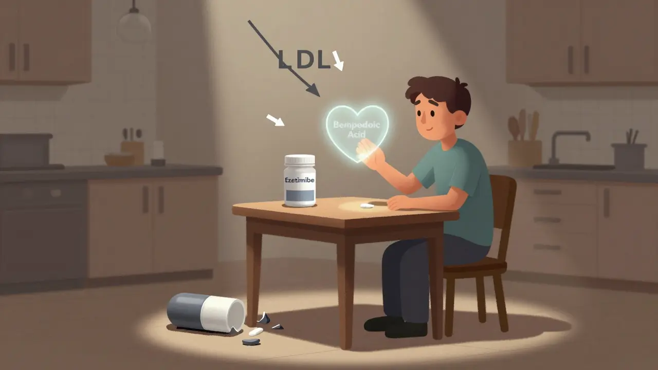 Patient holding ezetimibe and bempedoic acid pills as statin breaks on floor