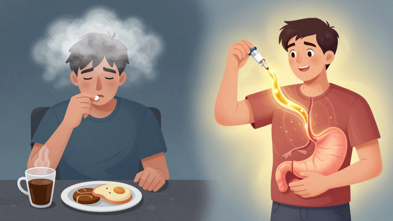 Patient taking liquid thyroid medication with hormone waves entering bloodstream