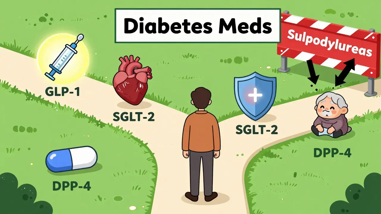 Person choosing diabetes medication at a crossroads with four path options labeled by drug class.