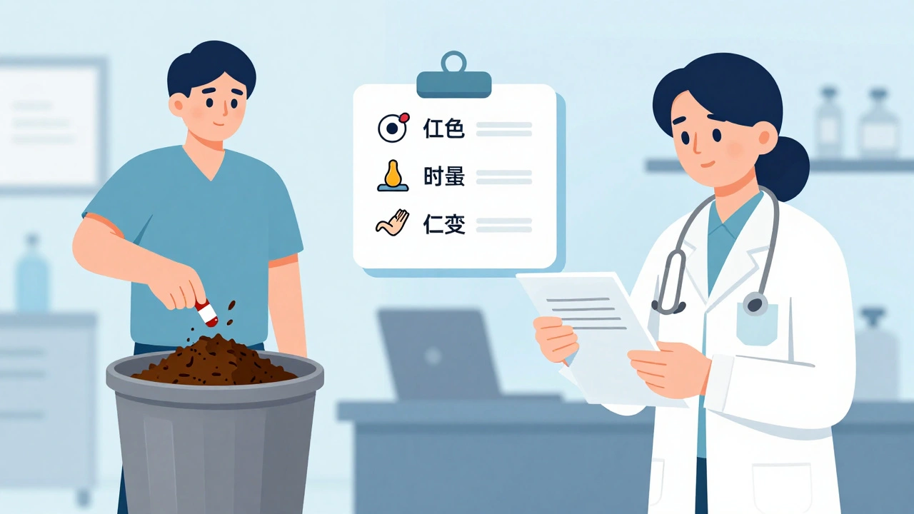 Person discarding expired meds while a pharmacist reviews notes on color, odor, and texture changes.