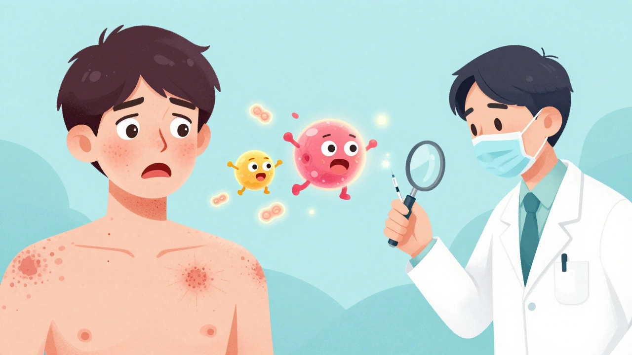 Person experiencing allergic reaction with hives and swelling, contrasted with doctor administering immunotherapy.