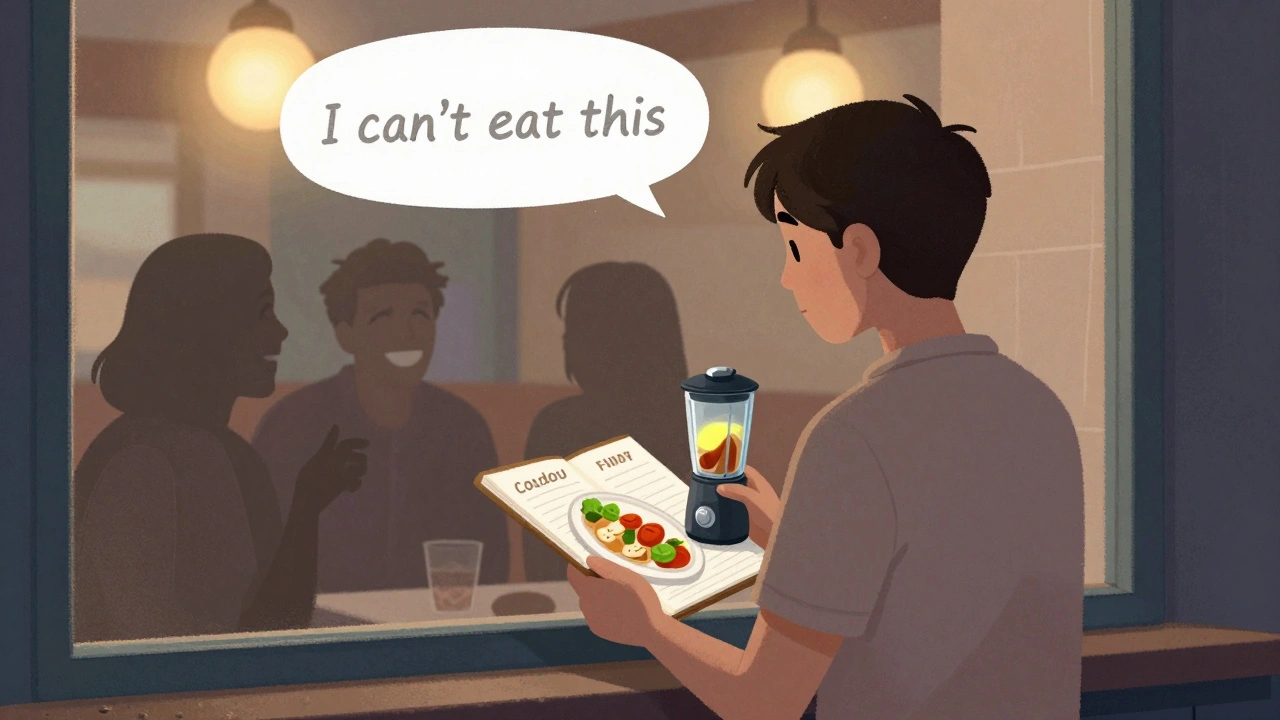 Person outside a restaurant window, holding a blender and food diary, looking at others eating, showing social challenge of gastroparesis.