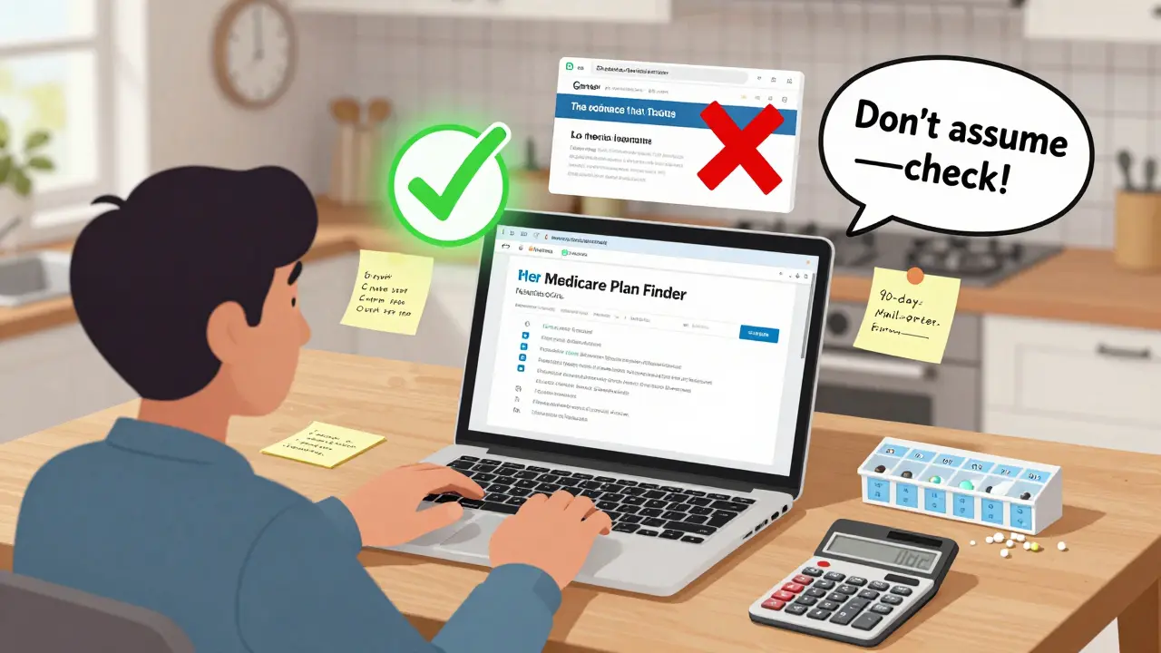 Person using a laptop to compare drug plans with medication notes and mail-order pills on the table.