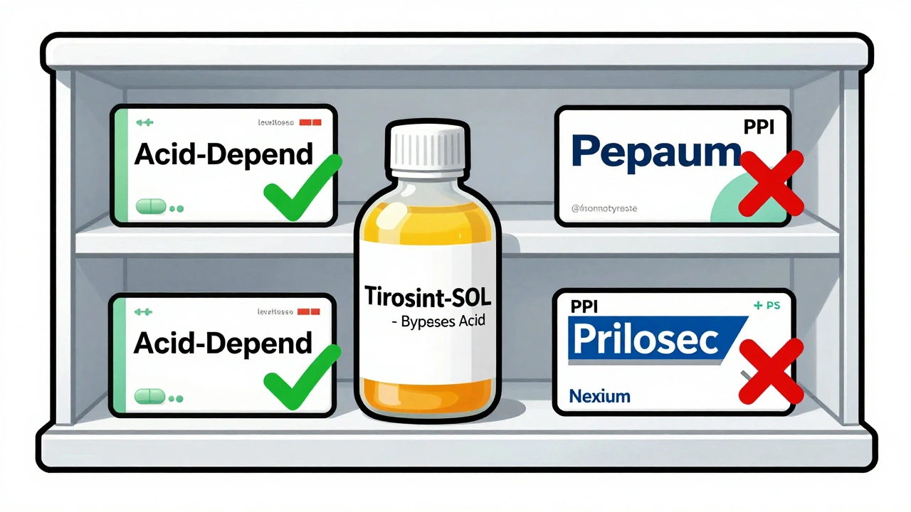 Pharmacy shelf comparing thyroid meds: tablets vs liquid vs H2 blockers vs PPIs