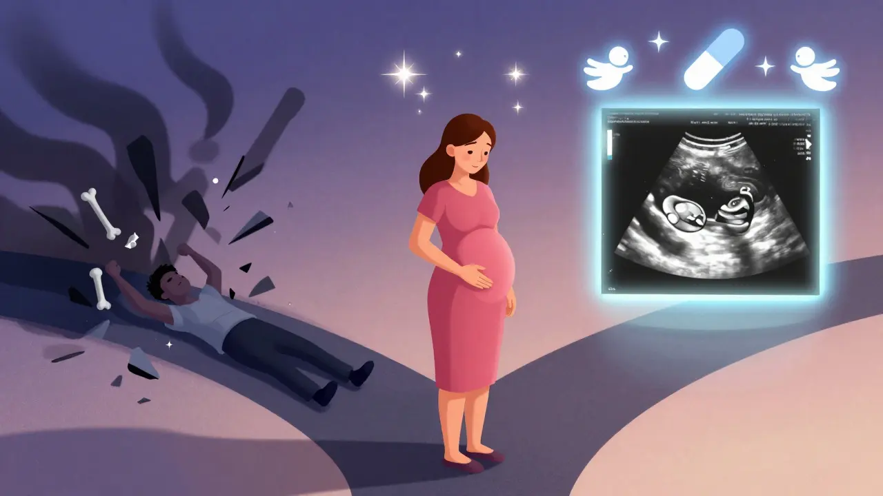 Pregnant woman at crossroads: one path shows seizure danger, the other a glowing ultrasound of a healthy baby.