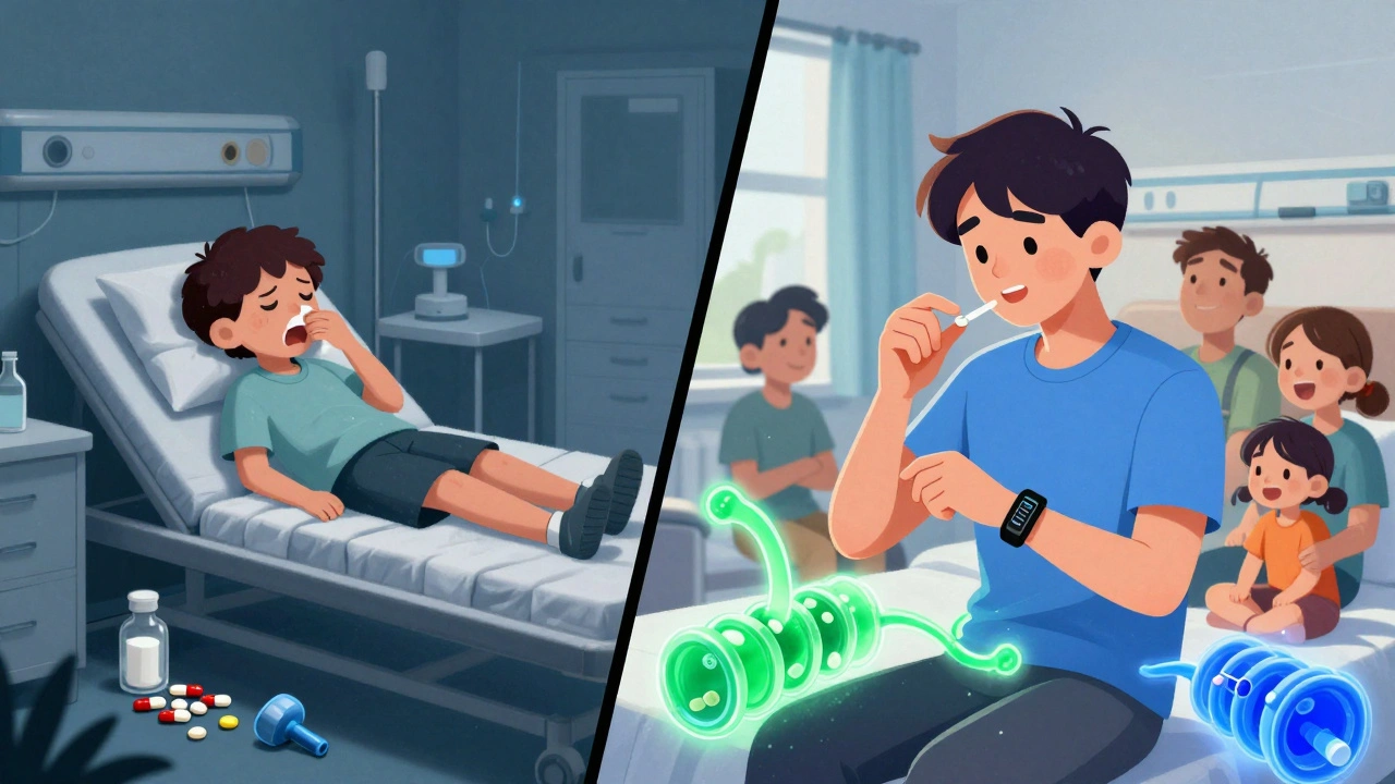 Split illustration: past CF treatment in dim hospital vs. modern life with Trikafta and family joy.