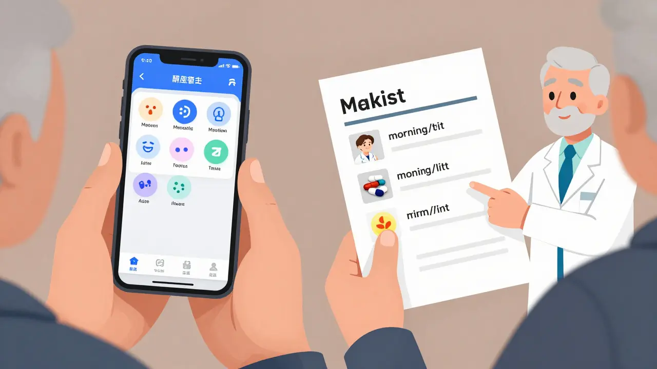 Split image: cluttered medication app vs. clear printed list with pharmacist guiding the user.
