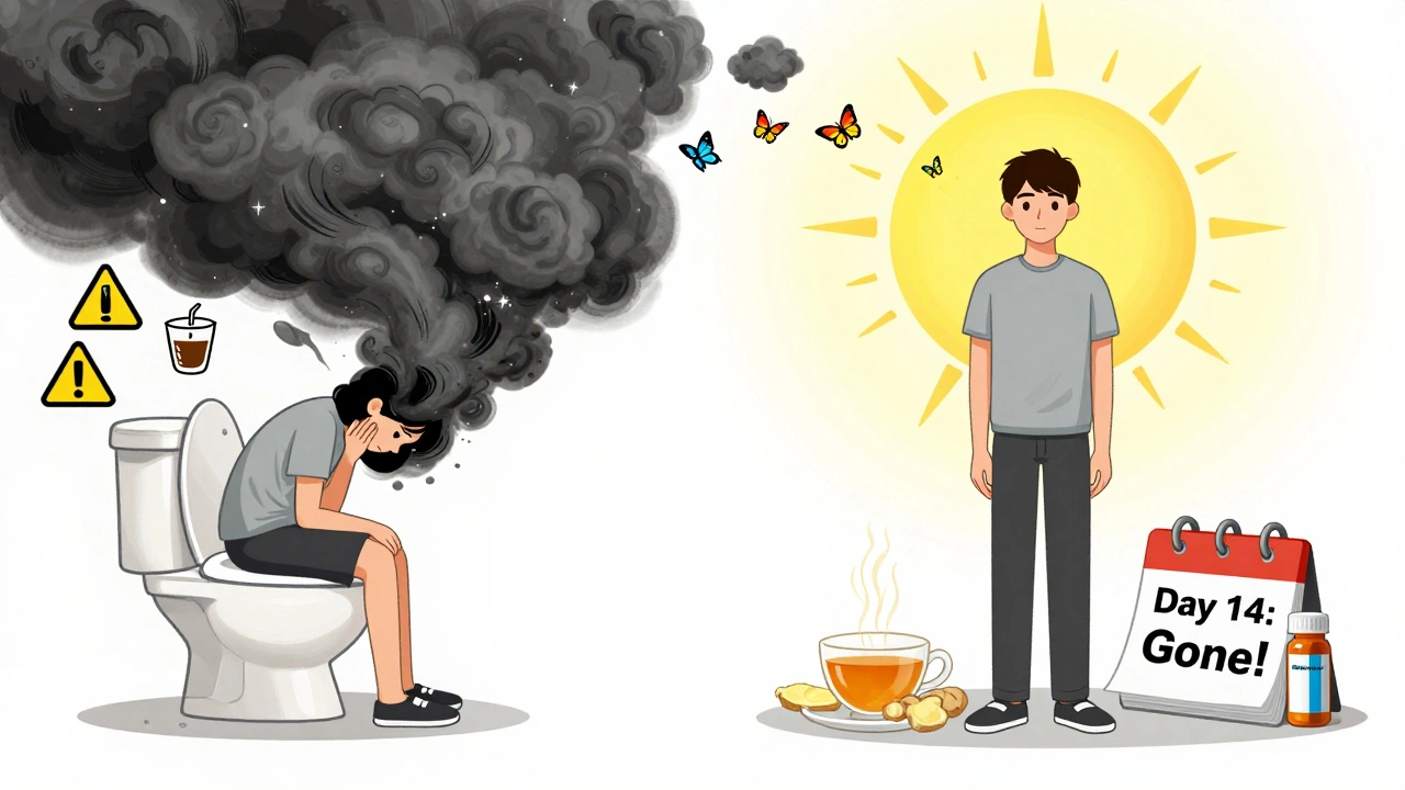 Split image: person suffering from nausea on day 3 vs. feeling better on day 14 with butterflies and calm light.