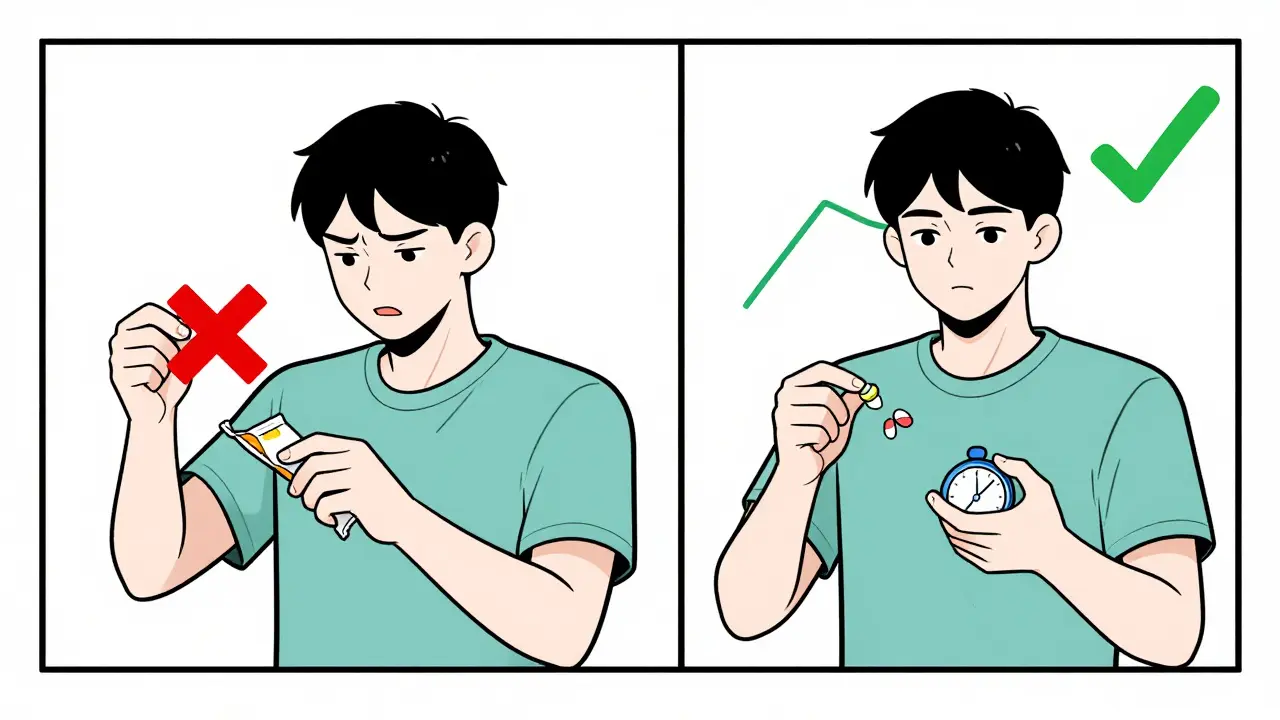 Split image showing wrong vs. correct treatment for low blood sugar using glucose tablets.