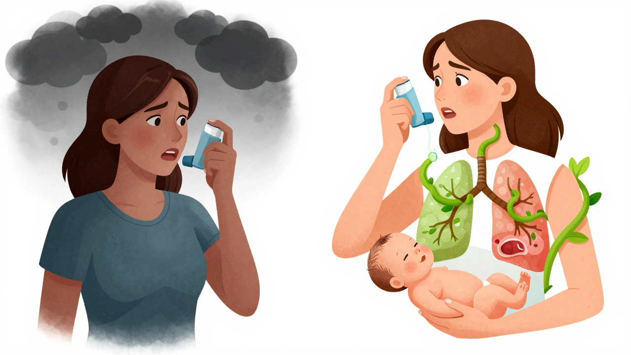 Split scene: hesitant woman vs. confident mother with health vines growing from lungs, symbolic concept art.