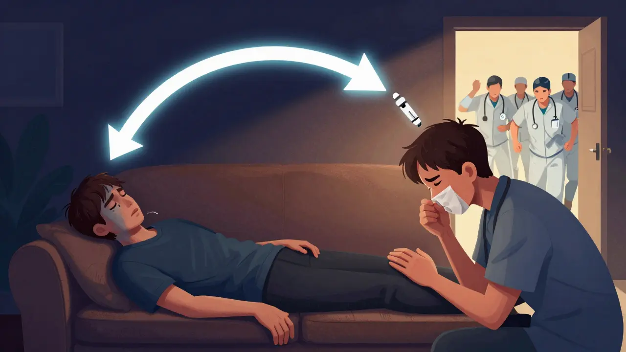 Split scene showing an overdose victim before and after naloxone, with medical help arriving and a symbolic arrow reversing opioid effects.