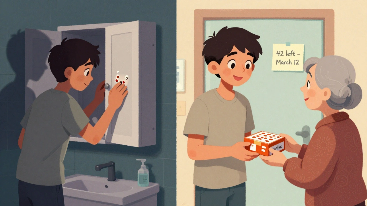 Split scene: teenager finding pills in a bathroom vs. handing a locked box to a grandparent with a pill count note on the fridge.