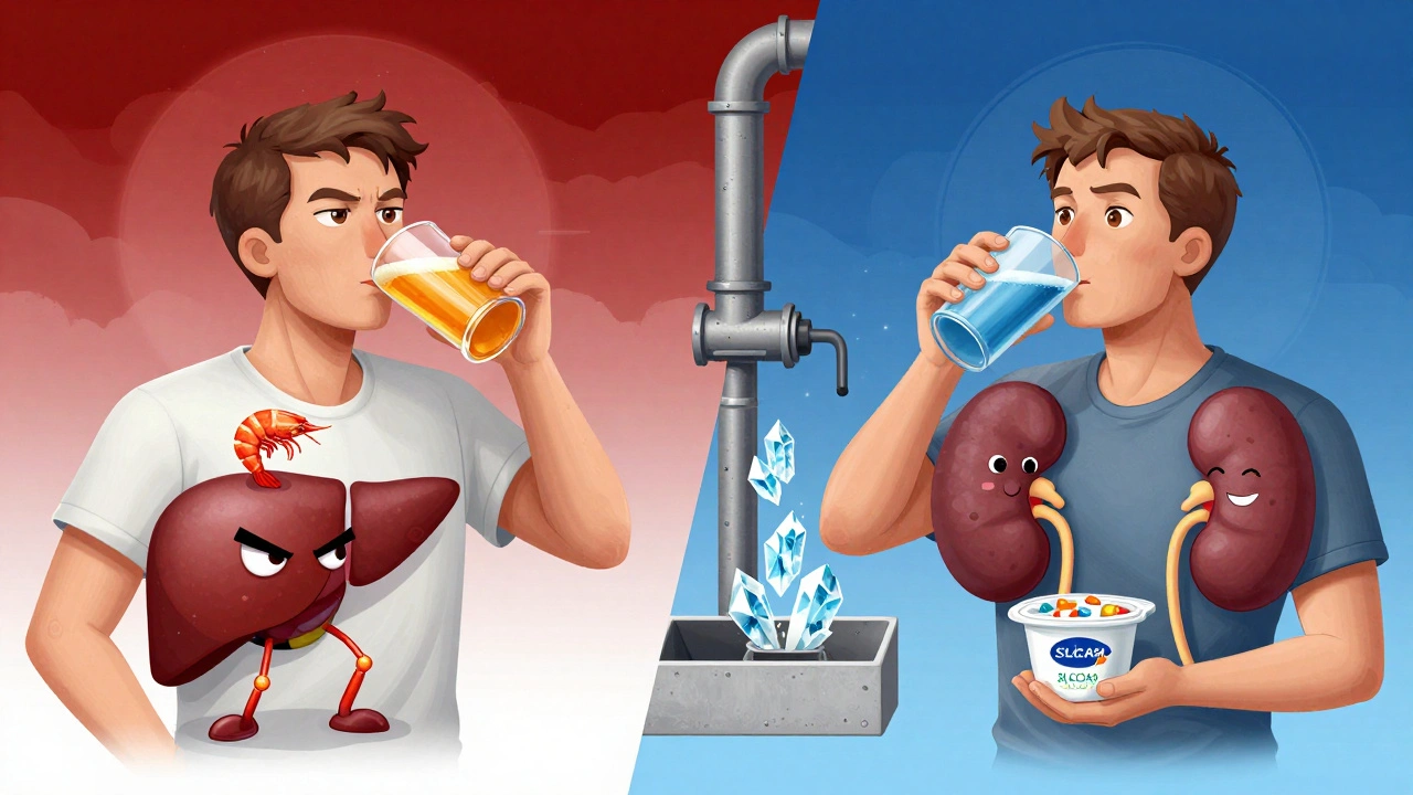 Split-screen: one side shows unhealthy diet triggering gout, the other shows healthy choices helping kidneys flush crystals.