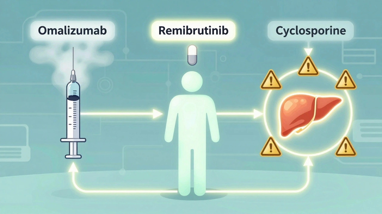 Three treatment pathways illustrated as glowing routes: injection, pill, and liver icon with warnings.