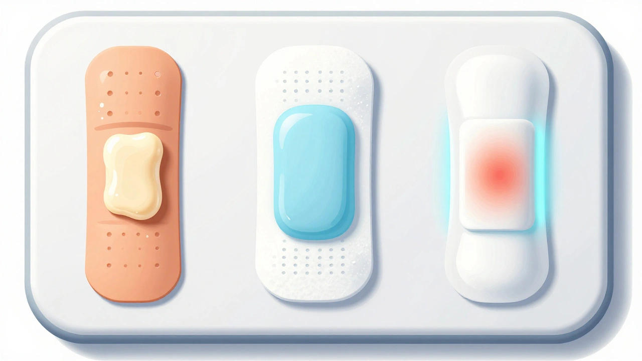 Three types of wound dressings displayed side by side: bandage, foam, and hydrocolloid patch.