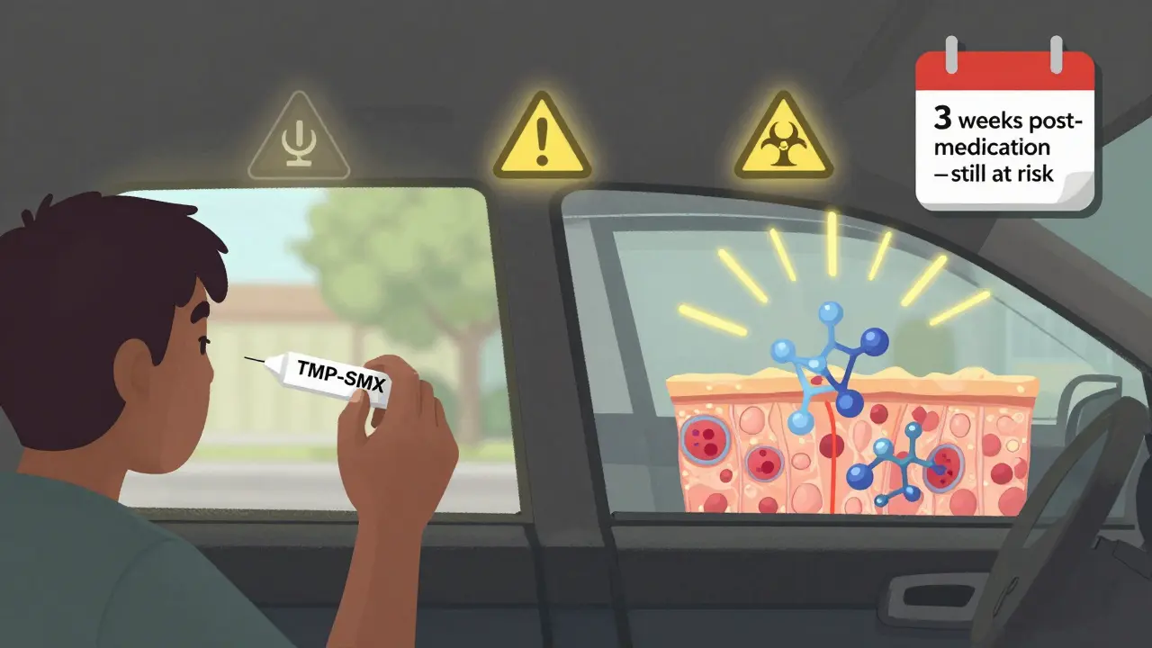 Timeline showing prolonged photosensitivity risk from TMP-SMX weeks after stopping the medication.
