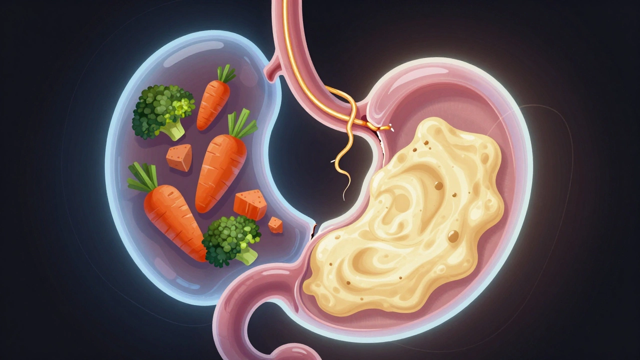 Translucent stomach with damaged nerve and stuck food chunks versus smooth flowing food, illustrating digestive dysfunction.