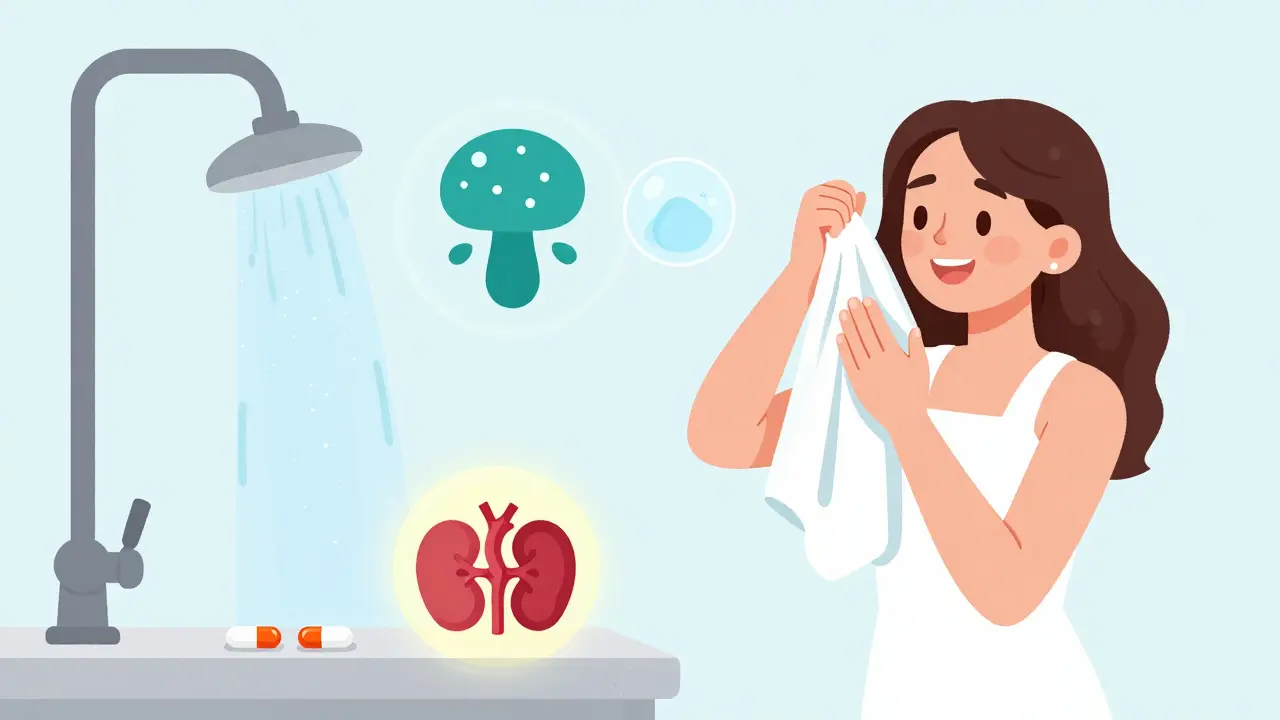 Woman drying off after shower, yeast infection symbol being chased away by soap and towel.