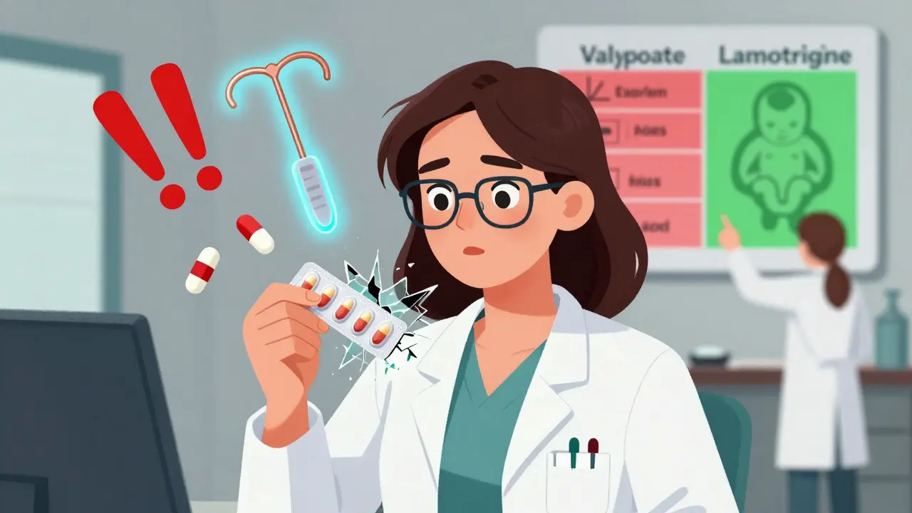 Woman in doctor’s office with crumbling birth control pill as IUD and implant glow safely behind her.