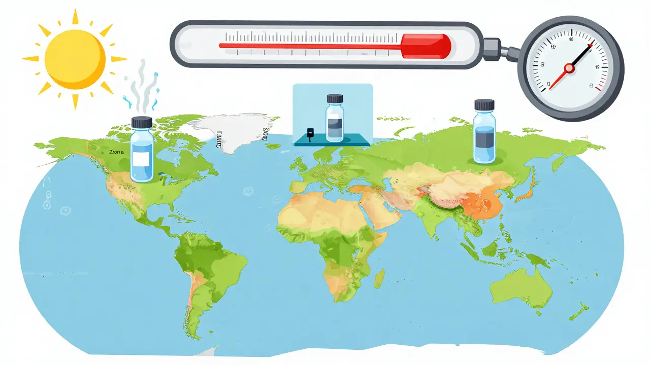 A global map showing different climate zones and drug vials undergoing stability tests under varying temperature and humidity conditions.