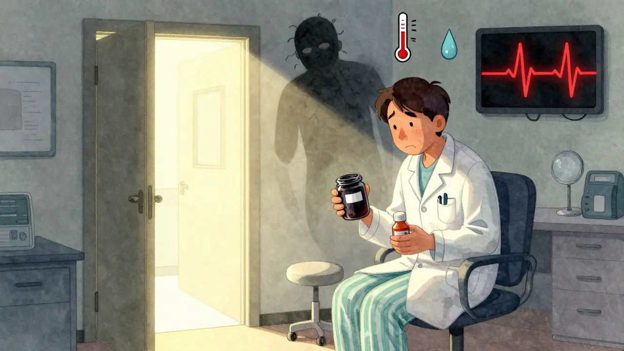 A hesitant person at a doctor's door holding a black stool sample, with medical warning icons floating nearby.