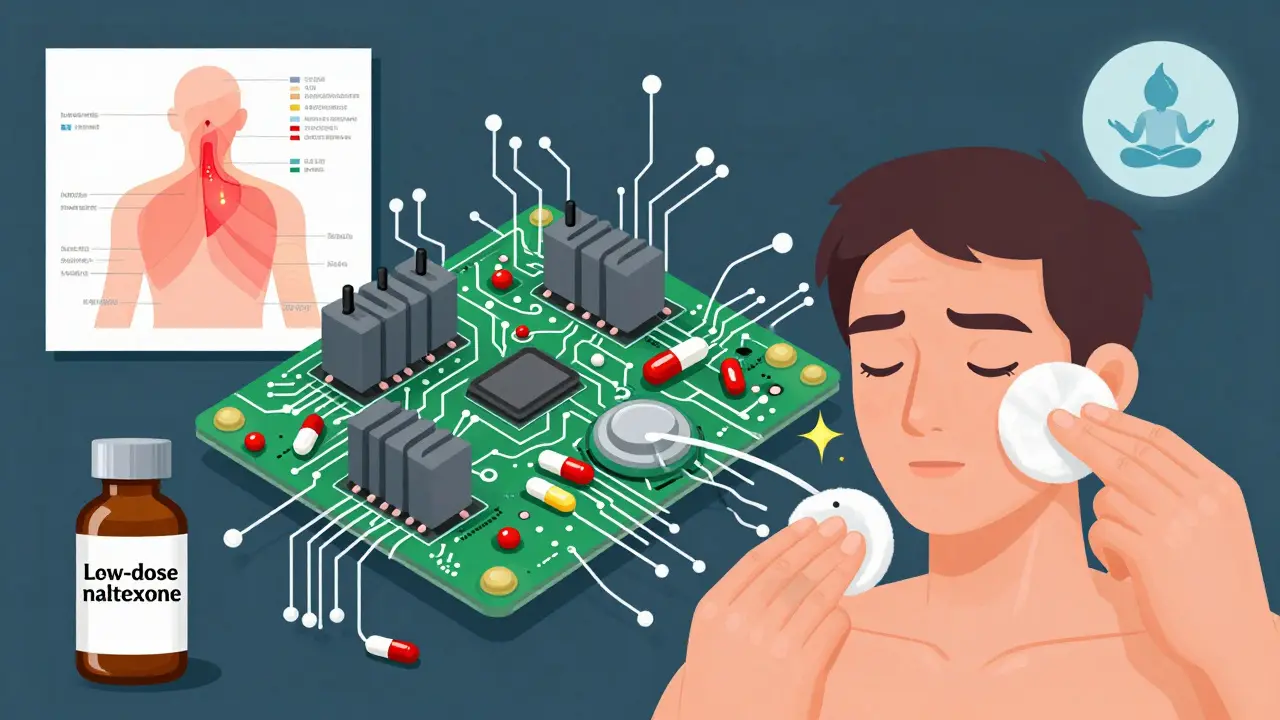 A nervous system circuit board calming as opioid flow is reduced, with a cotton swab test and non-opioid treatments nearby.
