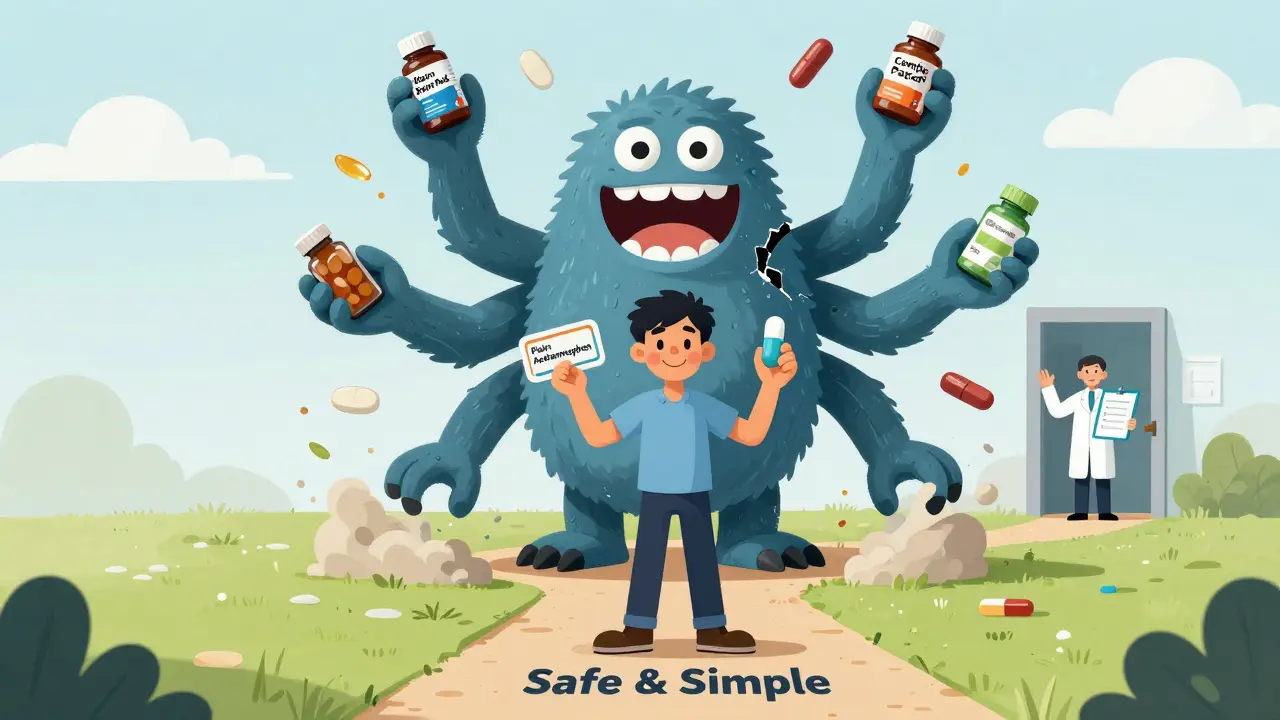 A person holding two single-ingredient pills as a multi-ingredient cold medicine monster crumbles behind them.