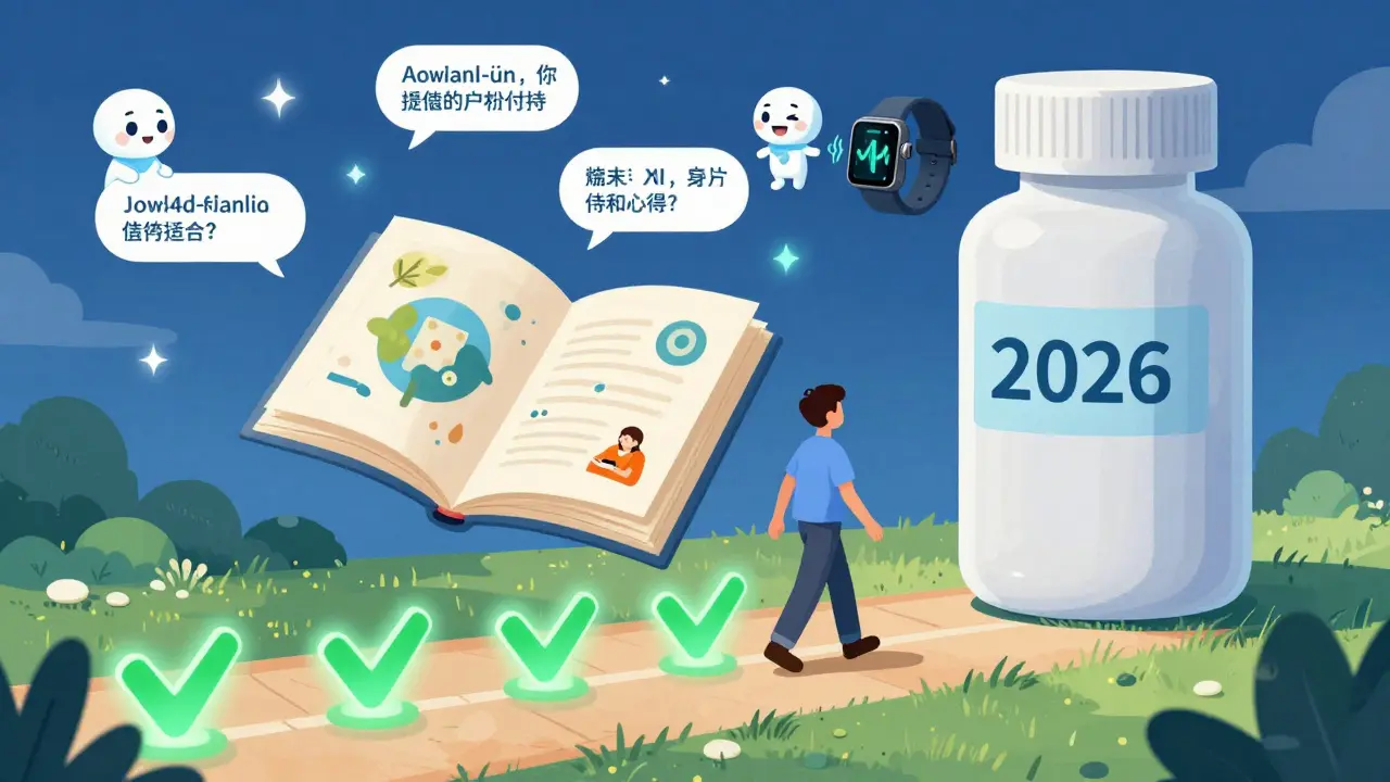 A person walking a path of checkmarks with storybook chapters and AI encouragement above.