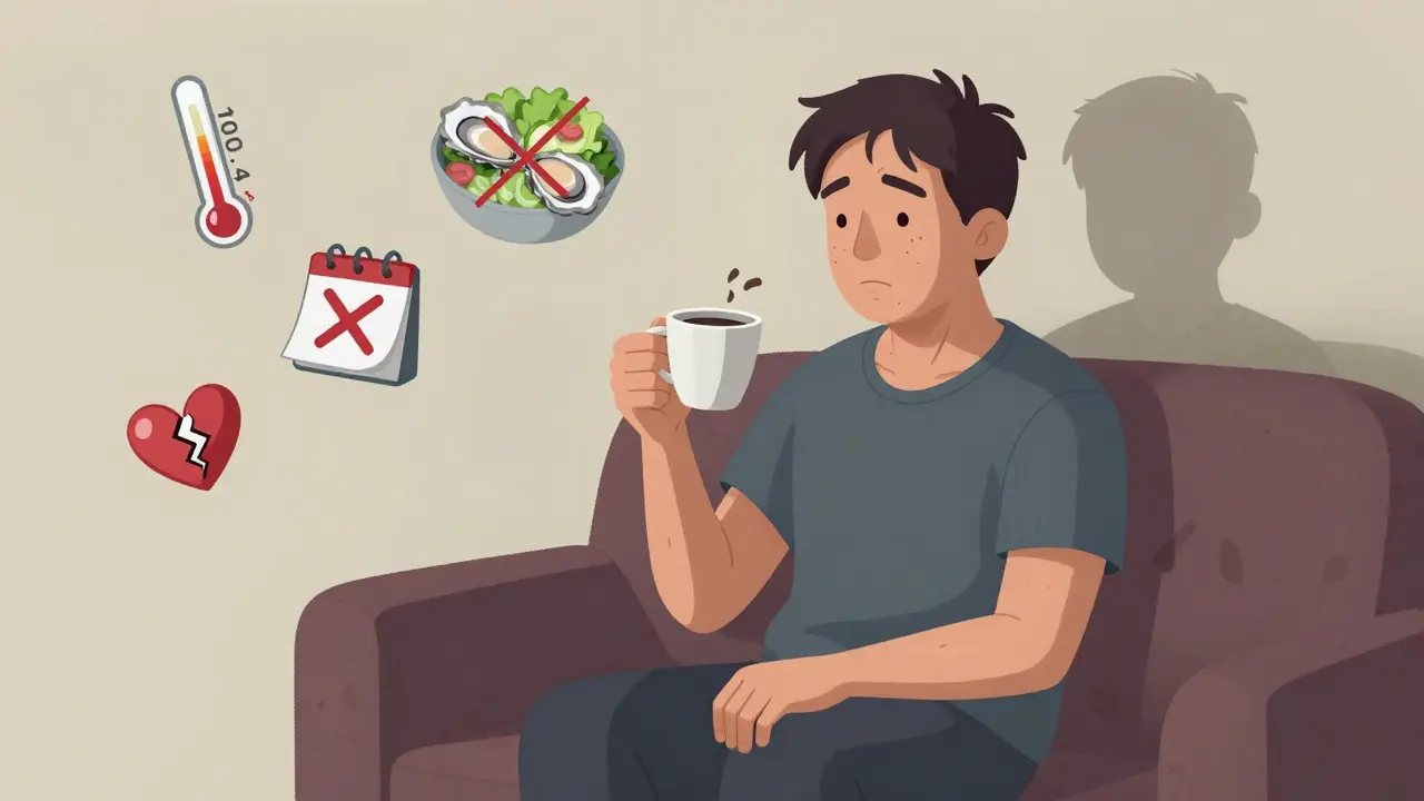 A person with physical side effects of immunosuppressants—swollen face, shaking hands, and medical warning icons floating around them in isolation.