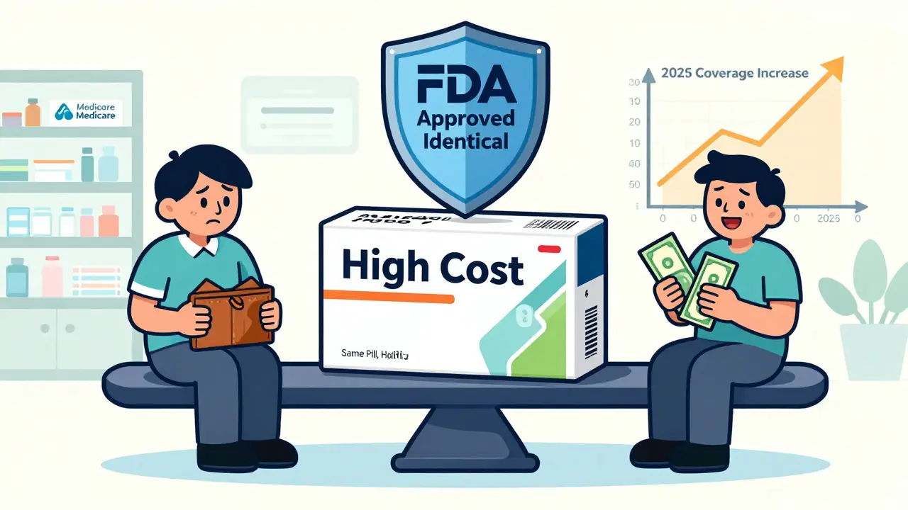 A scale balancing expensive brand medication against affordable authorized generic, with patient outcomes on each side.