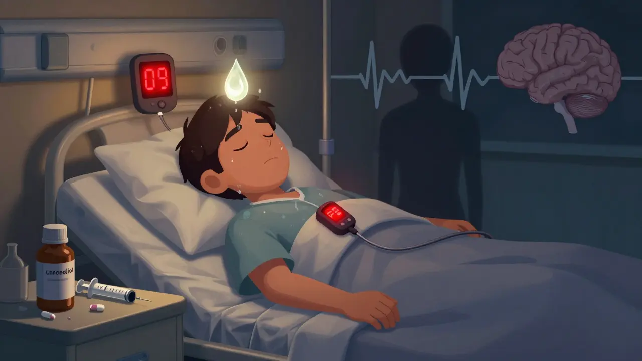 A sleeping diabetic patient with a glowing sweat droplet and continuous glucose monitor alerting to low blood sugar.