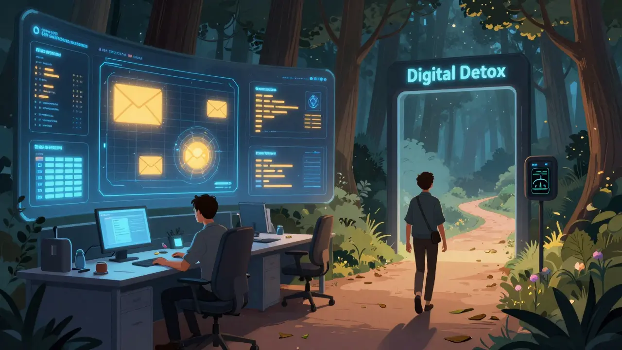 An AI system predicting burnout as an employee walks into a peaceful digital detox.