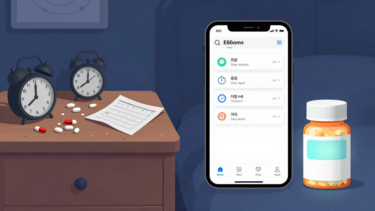 Cluttered pill chaos vs. clean digital medication tracker on a smartphone.