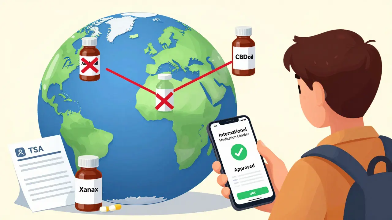 Globe with banned meds and red Xs over countries, traveler checking TSA app on phone