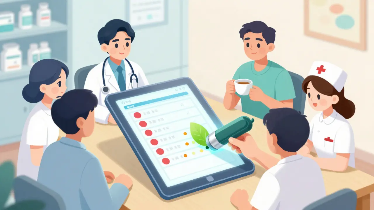 Healthcare team using a tablet to safely reduce a patient's medication list.