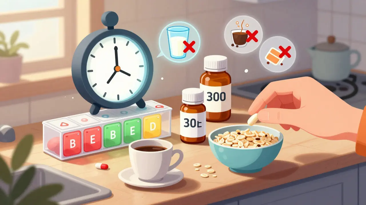 Morning kitchen scene with color-coded pill organizer, coffee, oatmeal, and a countdown timer for thyroid medication.