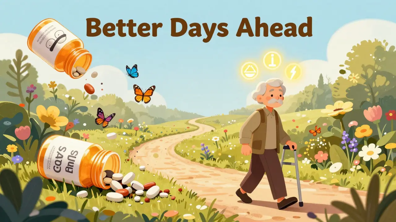 Older adult walking freely through a garden as pill bottles turn into flowers.