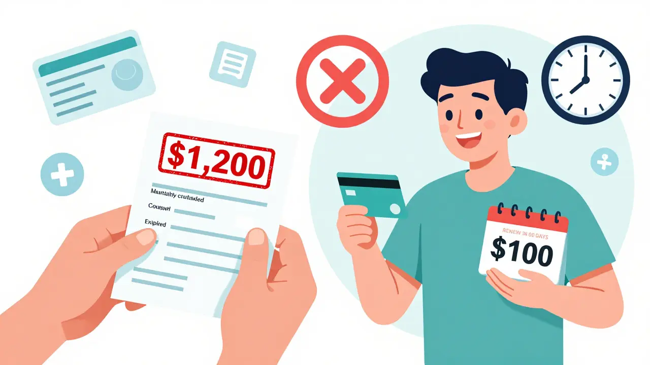 Patient comparing high bill after coupon expiration vs. low cost with active discount and renewal reminder.