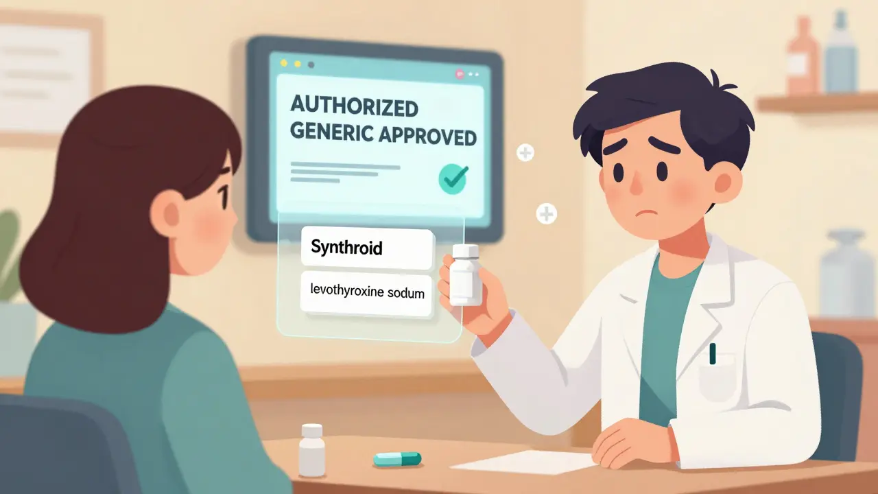 Pharmacist giving a patient a generic pill bottle while a digital screen updates to approve it as authorized.