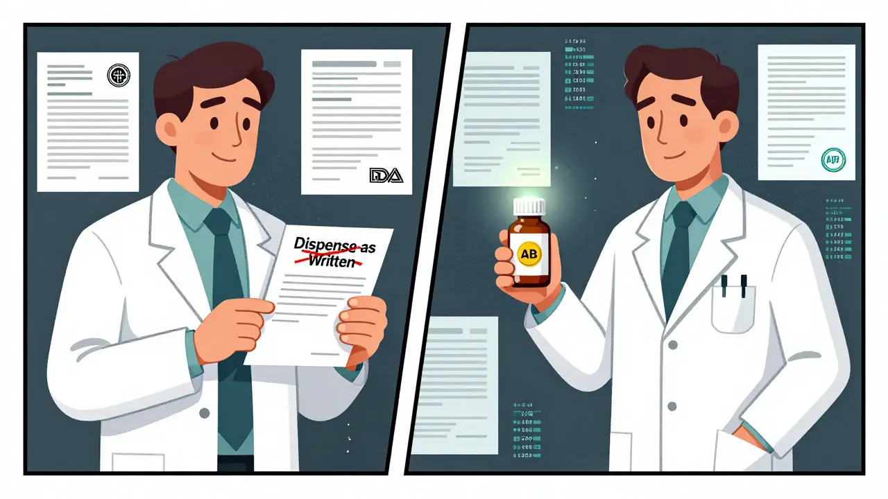 Pharmacist substituting a generic drug with an AB rating, contrasting a denied prescription.