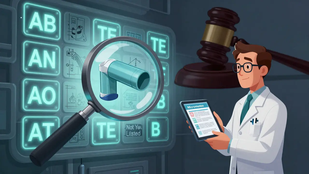 Pharmacy wall with therapeutic equivalence codes and a complex drug flagged for review.