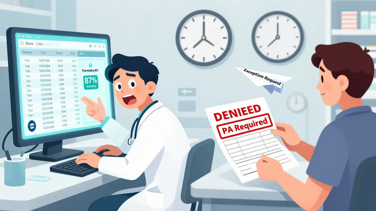 Provider in EHR system seeing real-time formulary data while patient receives denied prescription at pharmacy.